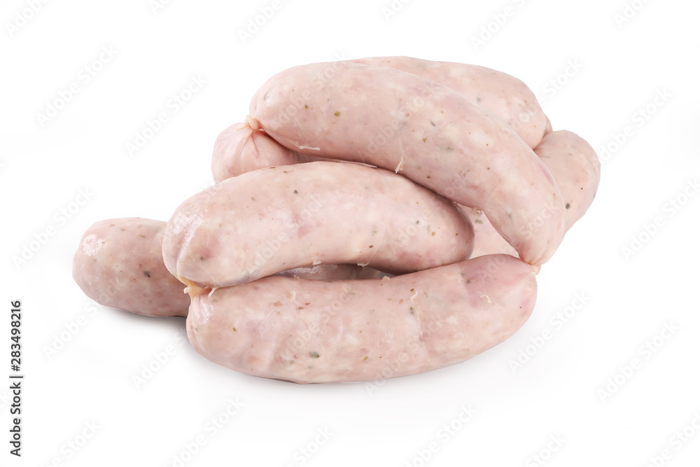 White steamed sausage isolated on white background. Food product. White steamed sausage isolated on white background. Food product.