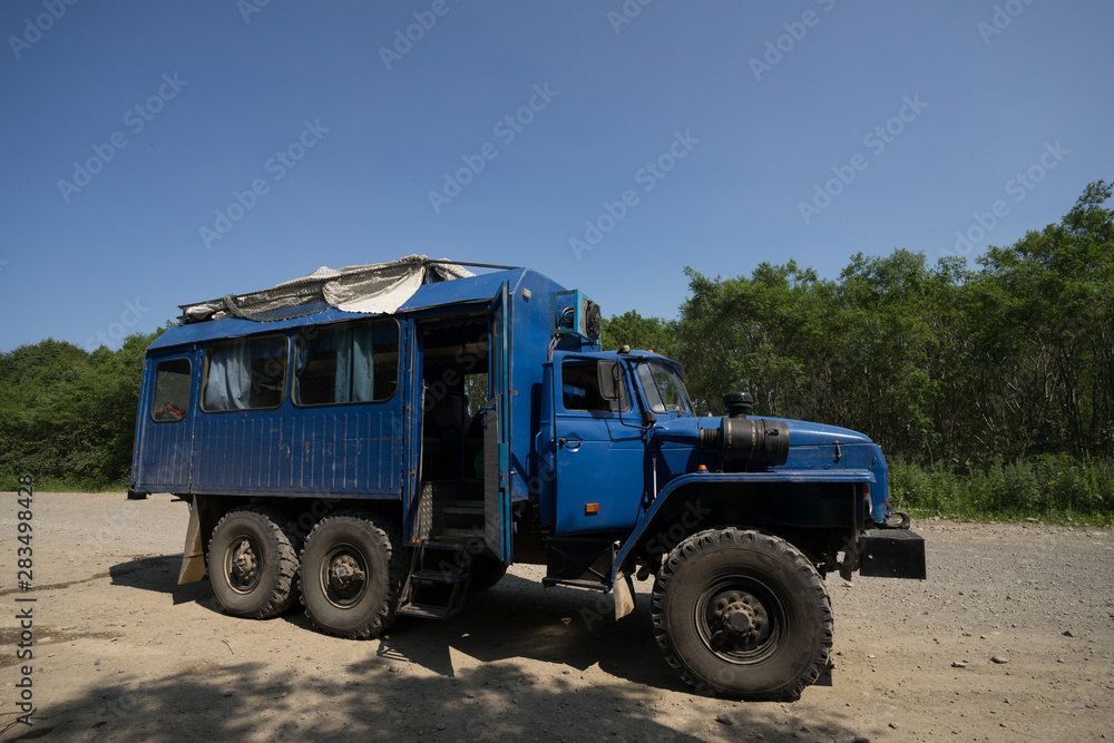 Mutnovsky, Kamchatka / Russia - July 26 2019: Ural truck - six wheel off road all terrain vehicle of Russian origin, meant for transporting military as well as civilians in harsh road conditions.