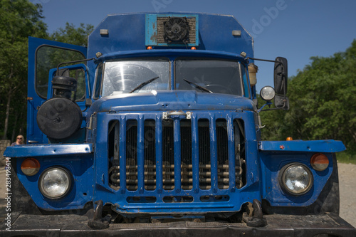 Mutnovsky, Kamchatka / Russia - July 26 2019: Ural truck - six wheel off road all terrain vehicle of Russian origin, meant for transporting military as well as civilians in harsh road conditions.