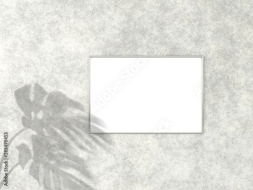 2x3 horizontal Chrome frame for photo or picture mockup on concrete background with shadow of monstera leaves. 3D rendering.