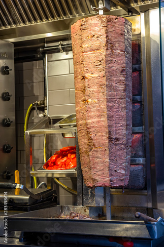 Doner traditional Turkish Doner Kebab meat. Turkish cuisine street food in Istanbul, Turkey.