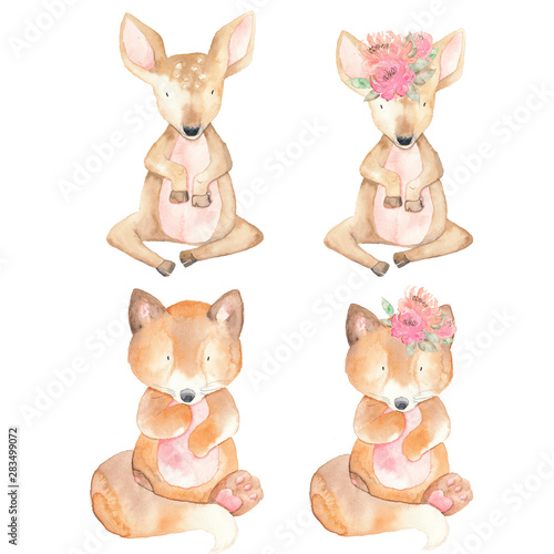 Animals Set Watercolor Squirrel and Deer Isolated On A White Background Hand Drawn Illustration