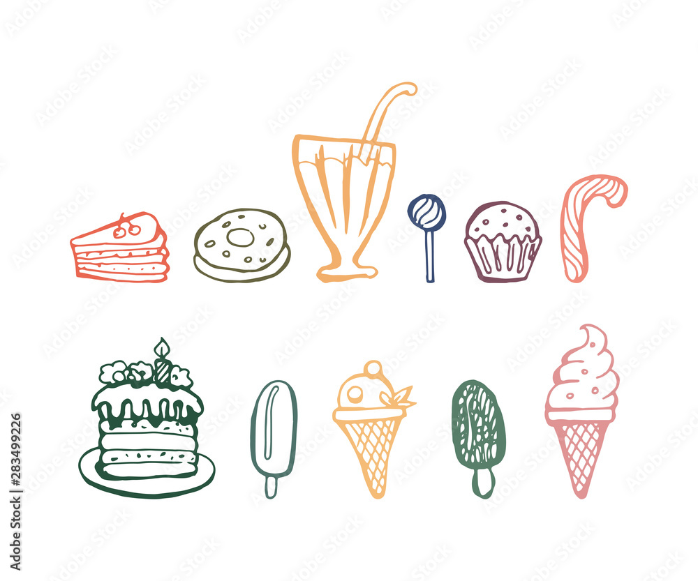 Sweet set hand-drawn doodle. Ice cream, cake, candy, muffins. Vector color isolated illustration. Sweet set hand-drawn doodle. Ice cream, cake, candy, muffins. Vector color isolated illustration.