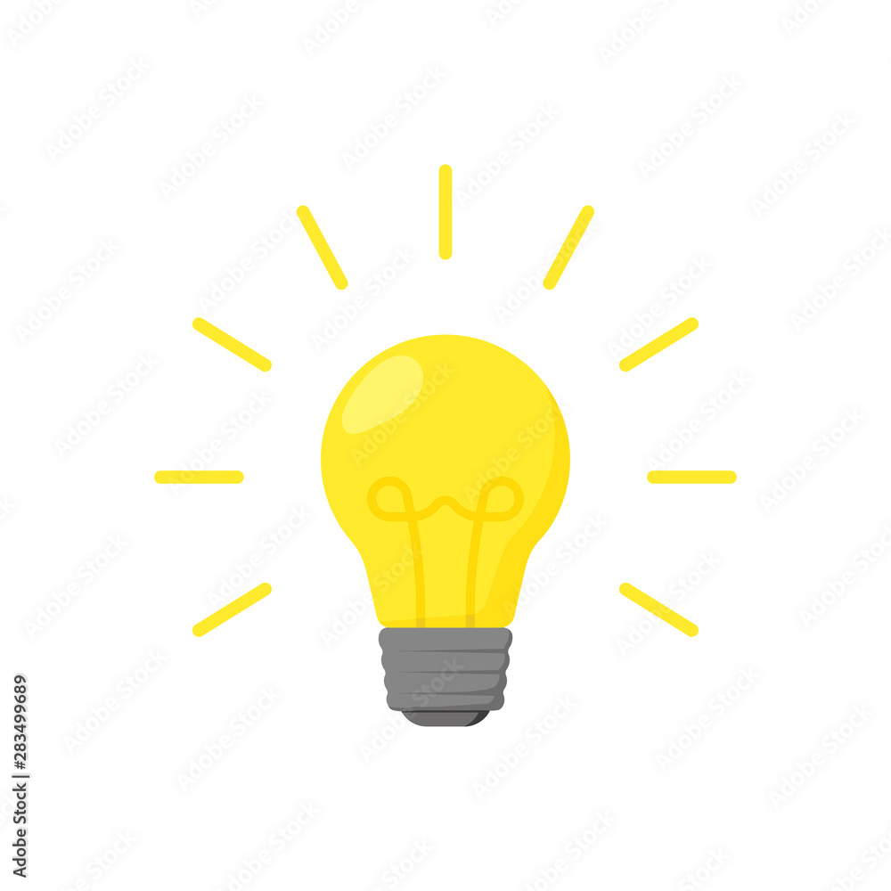 burning yellow light bulb in flat style