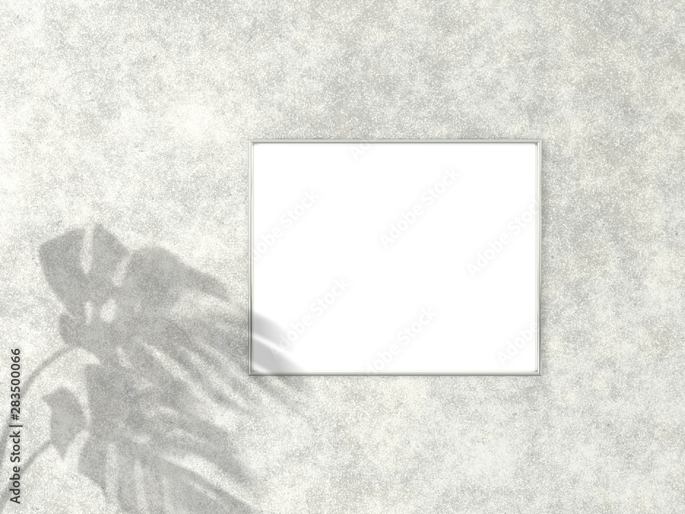 4x5 horizontal Chrome frame for photo or picture mockup on concrete background with shadow of monstera leaves. 3D rendering. 4x5 horizontal Chrome frame for photo or picture mockup on concrete background with shadow of monstera leaves. 3D rendering.