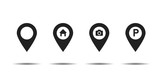 Set of pointer icons house camera parking pins for map. Sign of navigation or location isolated on white background.