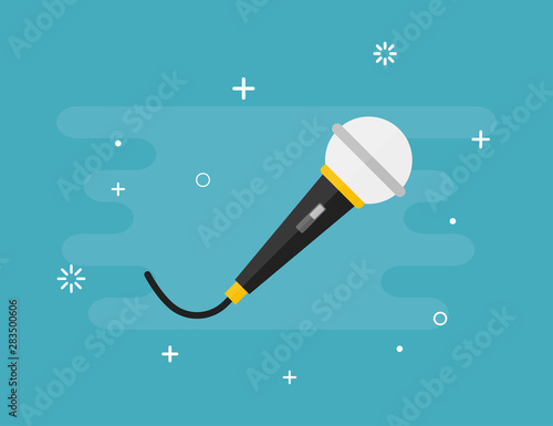 Microphone vector isolated music record symbol on blue background. Studio device. Retro karaoke style in trendy flat style. photo