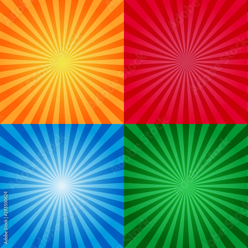 Vintage or retro sunburst background templates. Sunburst yellow red blue and red colors. Burst design.