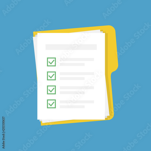 Vector Folder with checklist and documents on blue background in trendy flat style. File with papers. Education or paperwork concept.