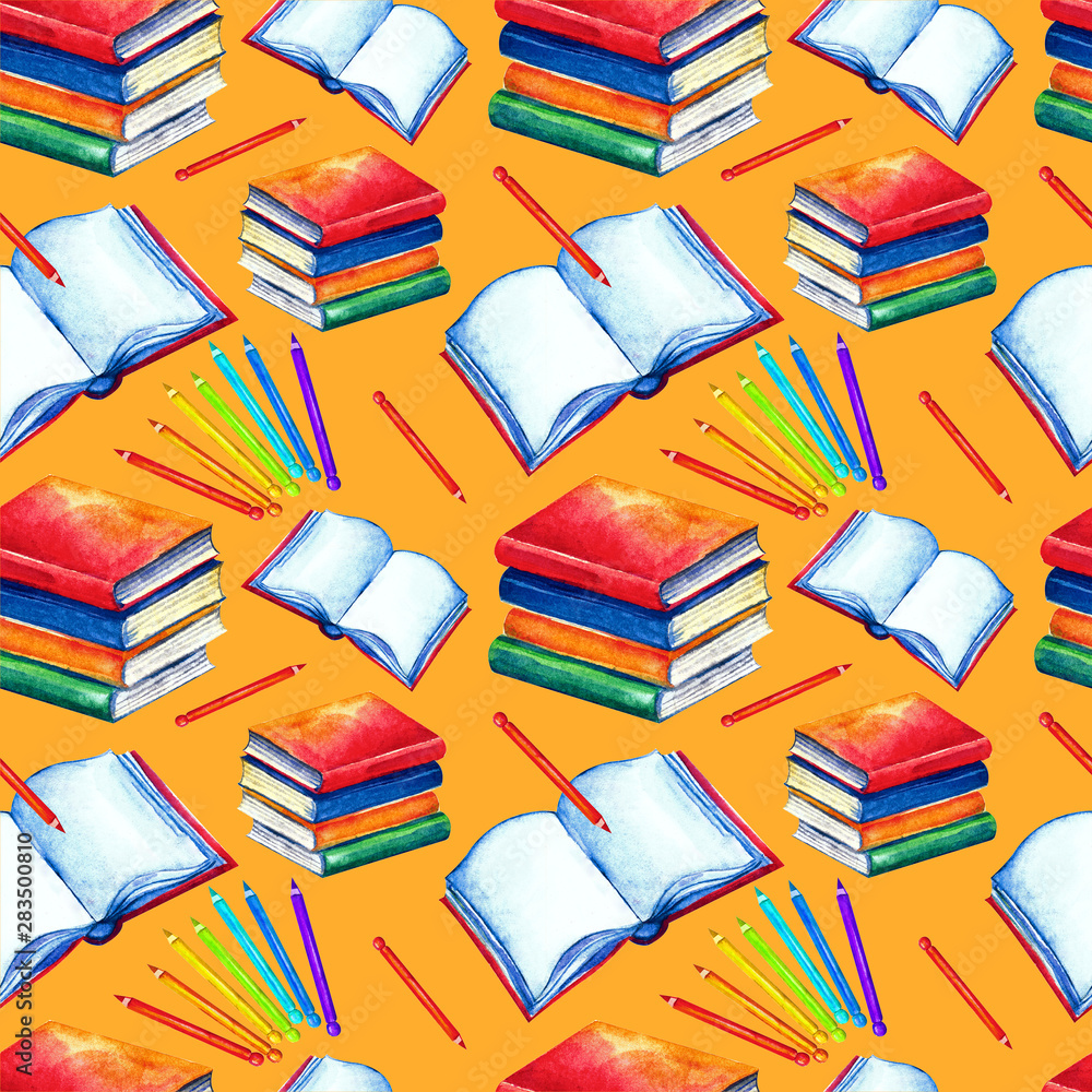 Obraz premium Seamless school pattern in watercolor. Books, textbooks, colored, pencils on a white background. Design for textiles, paper, Wallpaper, packaging, banner, postcard, invitation,