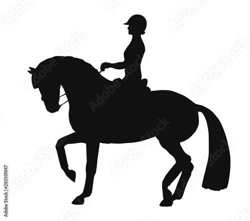 Silhouette of a rider and horse execute the piaffe