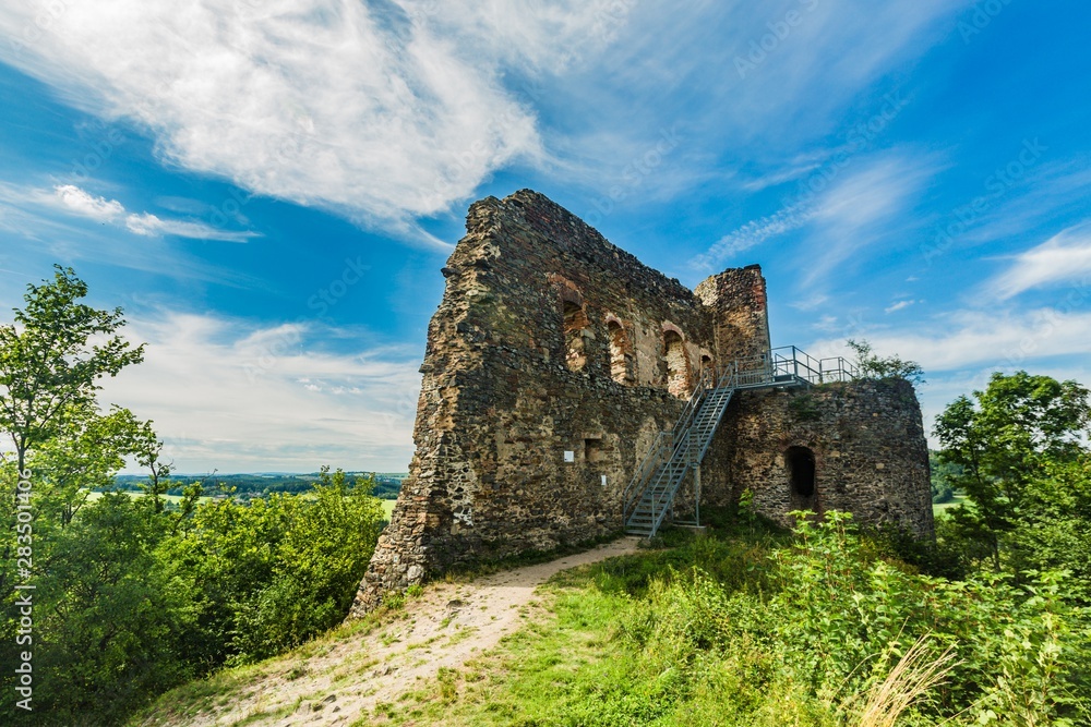 Krasikov, Kokasice / Czech Republic - August 9 2019: Remains of stone Svamberk castle from 13th century. Bright sunny day with blue sky and white clouds. Green grass and trees around.
