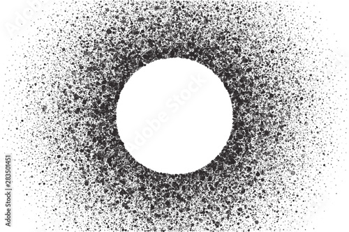 Abstract Scattered Particles Round Frame Isolated On White Background. Spray Effect. Scatter Falling Black Drops. Hand Made Grunge Texture In Ultra High Quality