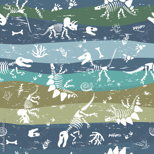 Fototapeta Naklejka Na Ścianę i Meble -  Seamless pattern with dinosaur bones and prehistoric plants. Pattern for children's fabrics with scuffs.