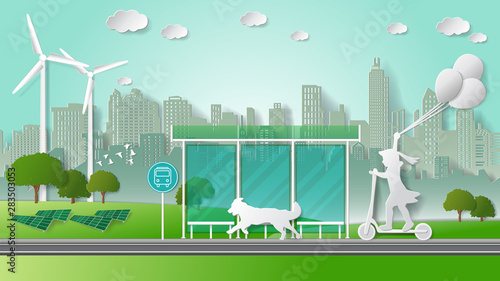 Paper folding art origami style vector illustration Renewable energy ecology technology power saving environmentally friendly concepts Child riding electric scooter through bus stop in green city park