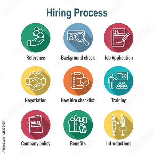 Hiring Process icon set with Benefits, background check, introductions, etc