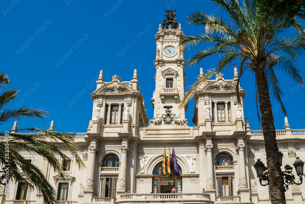 07/21/2019 - Plaza Ayuntamiento - The Main City Square of Valencia, Spain. Shooted in Bright, Sunny, Beautiful Day on Summer Holiday.