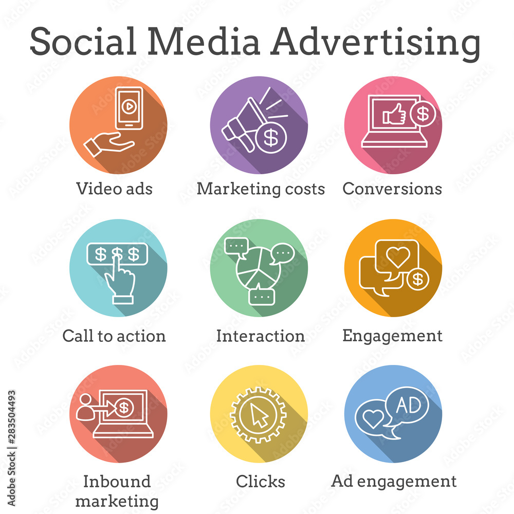 Social Media Ads Icon Set with video ads, user engagement, etc Social Media Ads Icon Set with video ads, user engagement, etc