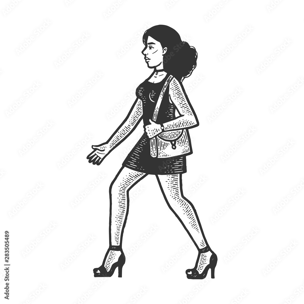 Girl walks in uncomfortable high heeled shoes sketch engraving vector illustration. Scratch board style imitation. Black and white hand drawn image. Girl walks in uncomfortable high heeled shoes sketch engraving vector illustration. Scratch board style imitation. Black and white hand drawn image.