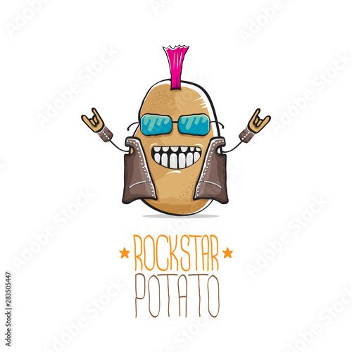 vector funny cartoon cute brown punk rock star potato character with Iroquois isolated on white background. My name is potato vector concept. rock n rock hipster vegetable funky character