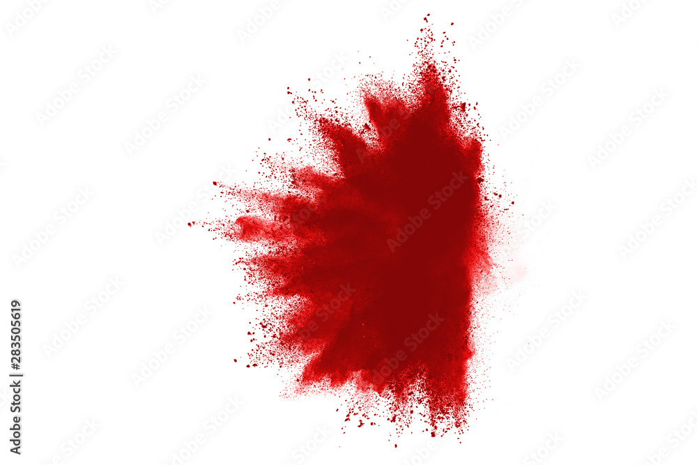 Red powder explosion on white background. Colored cloud. Colorful dust explode. Paint Holi.