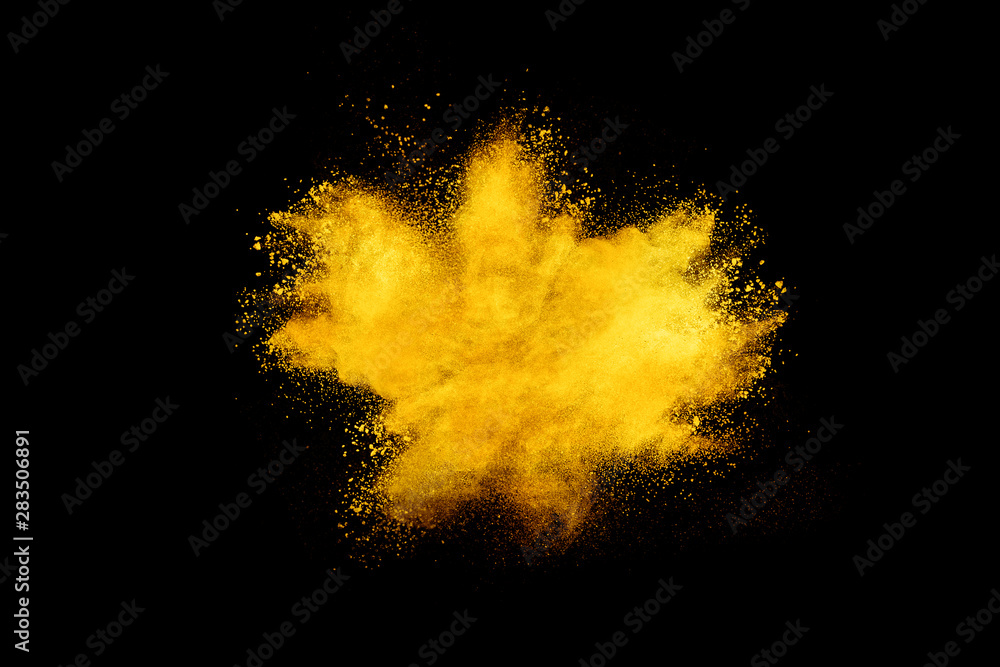 Yellow powder explosion on black background. - obrazy, fototapety, plakaty 