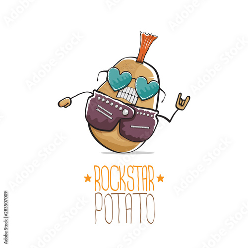 vector funny cartoon cute brown punk rock star potato character with Iroquois isolated on white background. My name is potato vector concept. rock n rock hipster vegetable funky character