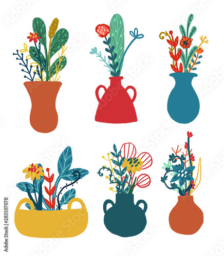 Set of vases with floral bouquets. 