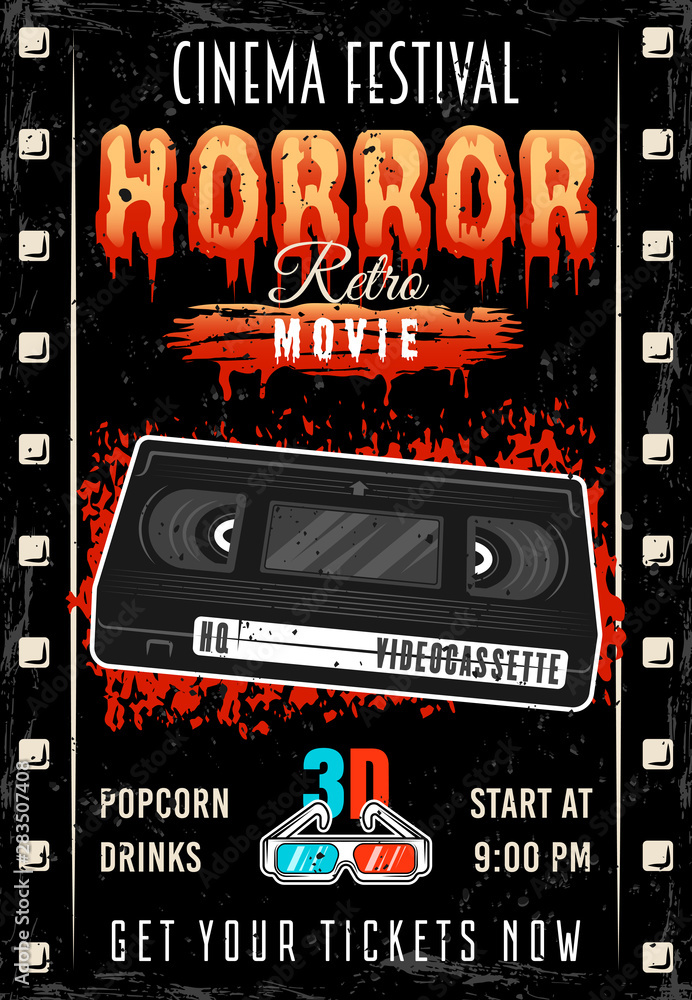 Fototapeta Horror movie colored retro poster with videotape