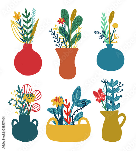 Set of vases with floral bouquets. 