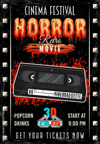 Horror movie colored retro poster with videotape