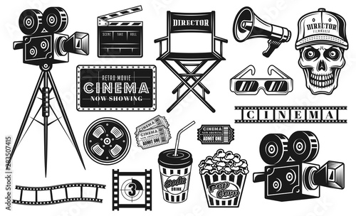 Cinema and cinematography set of vector objects