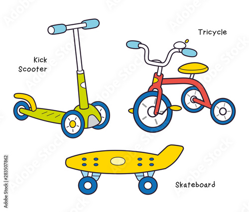 Red kids tricycle, kick scooter and plastic skateboard isolated.