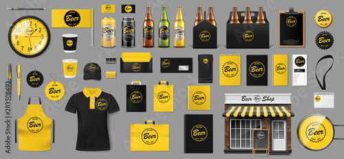 Set of realistic glass bottle, packaging box and aluminum can template design for beer shop. Brewery elements for your Brand Beer Pub or Bar. Vector illustration