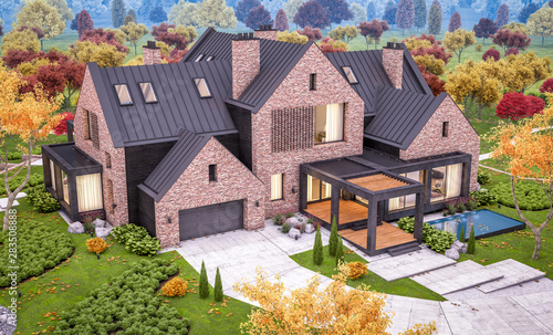 3d rendering of modern cozy clinker house on the ponds with garage and pool for sale or rent with beautiful landscaping on background. Soft autumn evening with golden leafs anywhere.