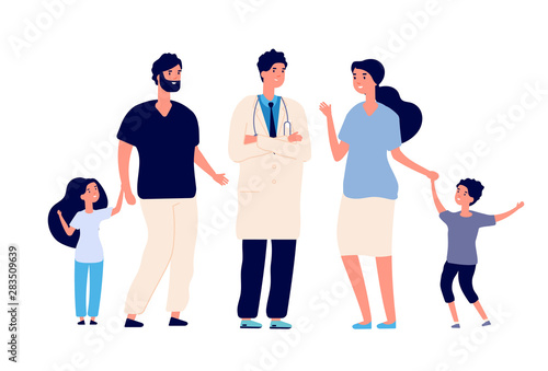Family doctor. Big healthy family with therapist. Parents kids patients and physician. Healthcare and dental service vector concept. Illustration of doctor and therapist give advice family