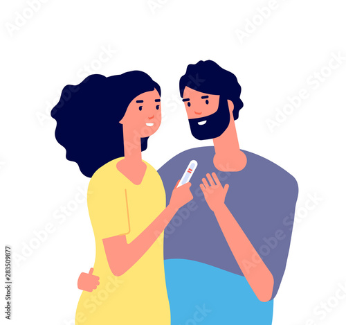 Pregnancy test. Happy young couple looking at pregnancy test showing two line. Family planning healthcare vector concept. Medical test, pregnancy woman show test man illustration