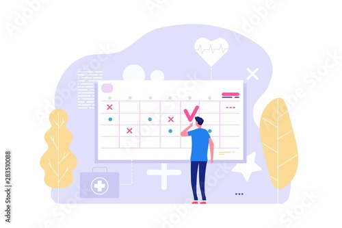 Online doctor appointment. Vector man and calendar, planning board, agenda. Illustration of doctor appointment, agenda therapy planning