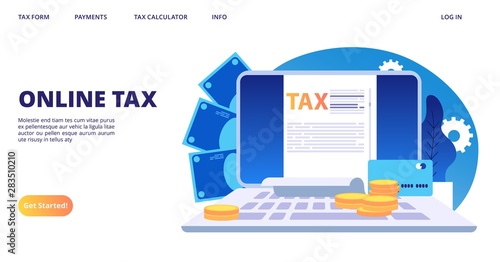 Online tax landing page. Vector digital tax form web banner template. Illustration of online tax accounting, finance payroll