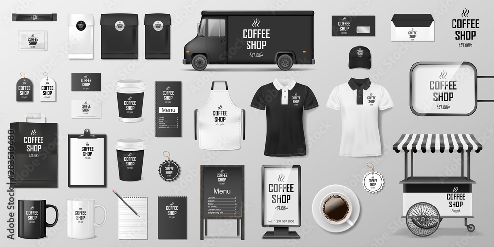 Mockup coffee shop design essentials set with isolated images of