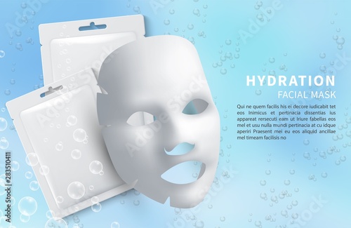 Cosmetics facial mask. Vector hydration sheet mask and sachet. Cosmetology ads poster template. Illustration of beauty face, spa and cosmetology skin