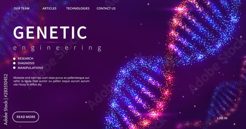 Genetic engineering landing page. Vector shine DNA structure. Medical science web page template. Illustration of dna biology science, biotechnology medical research, molecule chemistry
