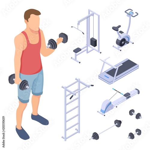 Coach and fitness equipment. Isometric gym elements. Vector sports man training. Illustration of training fitness, weight and equipment in gym