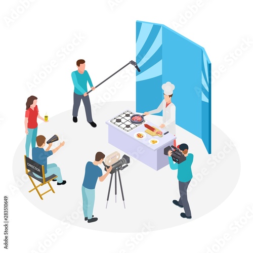 Isometric cooking TV show. Vector chef and film crew. Shooting show. Illustration chef cooking at tv program show, food making
