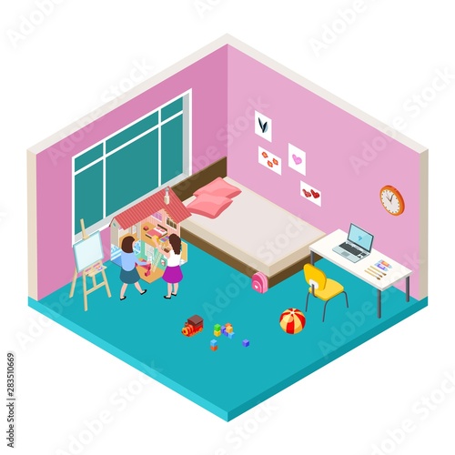 Isometric nursery. Two girls are playing with big dolls house. Vector happy childhood concept. Illustration of 3d interior room with kids