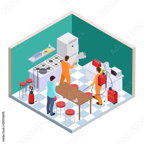 Kitchen disinfection. Isometric pest control. Vector disinfection service team. Illustration of nsecticide insect kitchen, worker service again cockroach