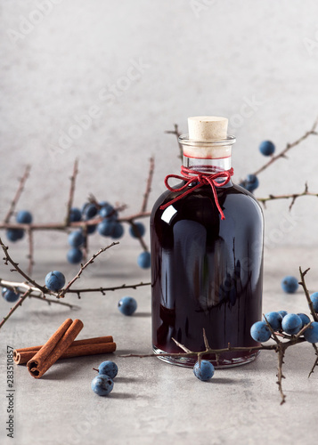 Photography Bottle of homemade sweet sloe liqueur with cinnamon