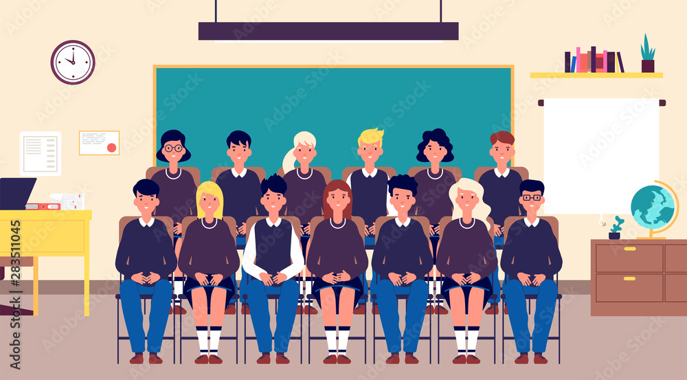 Class group portrait. Classmates, student in classroom. Teenagers in school  uniform photo for memory. Education cartoon vector concept. Together  classmate photo memory, students classroom illustration Stock Vector |  Adobe Stock