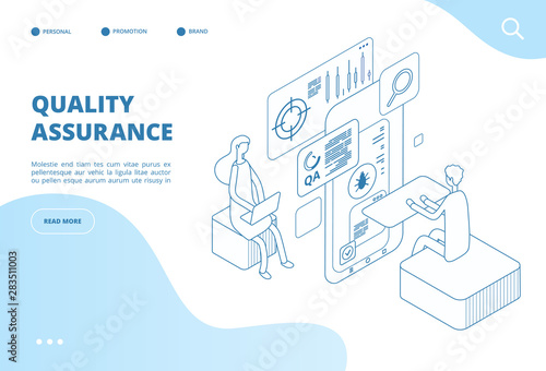 Quality assurance concept. Assured result of app test, software analysis and inspection. Bug fixing, program testing vector web page. Illustration of quality assurance software, isometric testing bug
