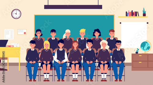 Class group portrait. Classmates, student in classroom. Teenagers in school uniform photo for memory. Education cartoon vector concept. Together classmate photo memory, students classroom illustration photo